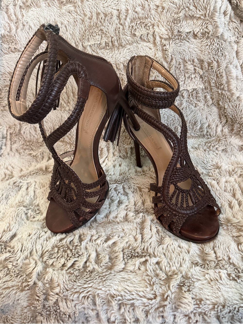 BCBGMaxzaria “Esh” Caged Gladiator Woven Strappy Leather High Heel Sandals